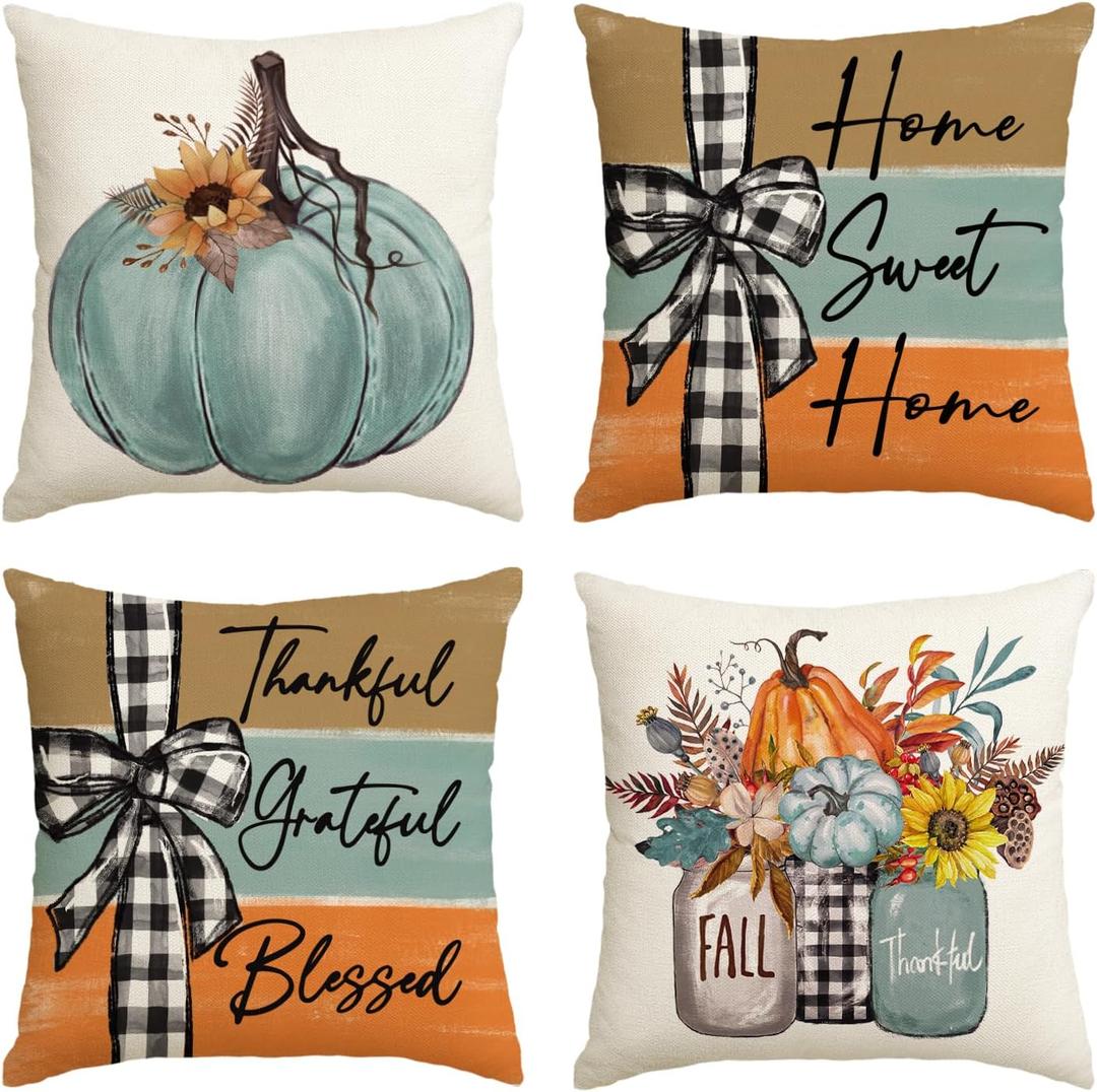 AVOIN colorlife Fall Pumpkin Home Sweet Home Throw Pillow Covers, 18 x 18 Inch Autumn Thankful Grateful Blessed Harvest Floral Decorations for Sofa Couch Set of 4 (Blue)