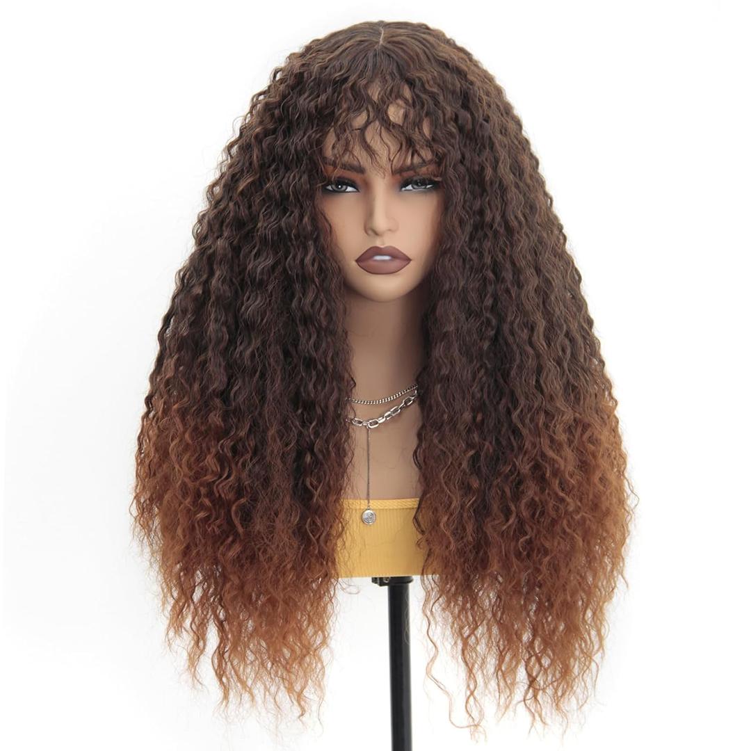 Curly Wig with Bangs Curly Wig for Women Long Ombre Brown Curly Wigs skin-friendly synthetic fibersc for festival holiday Use 26INCH