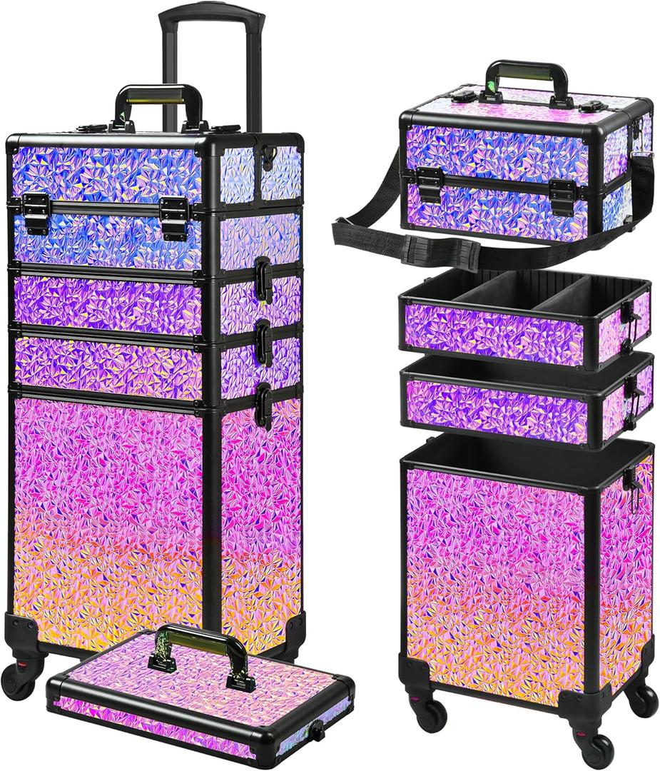 Rolling Makeup Case, Makeup Train Case with Lid, 5 in 1 Cosmetology Case on Wheels, Christmas Gift, Large Makeup Case Organizers, Profesional Cosmetic Case for Salon Barber,Black Colorful