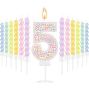 MTLEE Number 5 Birthday Candle with 12 Pcs Spiral Candles for Girls Macaron Pastel Rainbow Unicorn Pink Cake Topper for Sweet Theme Party Decoration (White)