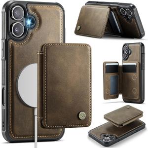 Compatible with Magsafe for iPhone 16 Wallet Case Magnetic Card Holder, RFID Blocking 2 in 1 Detachable Kickstand Shockproof Case for Apple iPhone 16, Brown