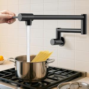 KES Pot Filler Faucet with Heat-Resistant Cartridge, 25.6" Over Stove Pot Filler, Kitchen Faucet Black with Double Joints Swing Arm Wall Mount, Stainless Steel No Lead, KN926S24LFF18-BK