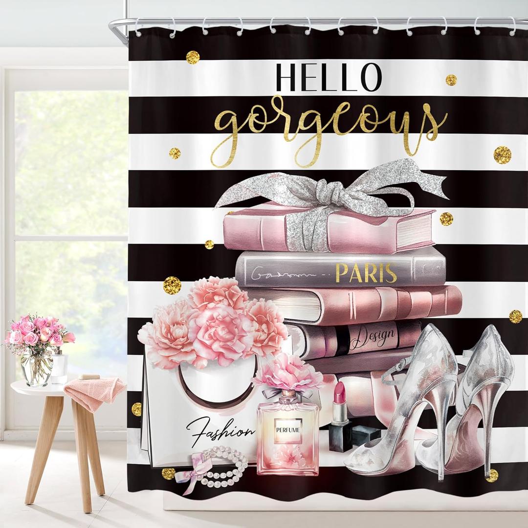 Cinbloo Black and Pink Shower Curtain 60Wx72H Fashion Black White Girly Shower Curtain for Girl Women Modern Flower Floral Perfume Striped High Heels Magazine Books Fabric Bathroom Decor with 12 Hooks