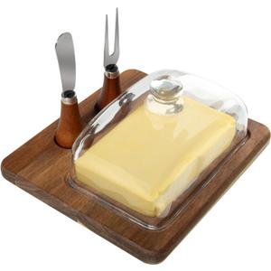Butter Dish with Lid and Butter Knife, Acacia Wood Butter Holder, Butter Container keeper, Applicable to Countertop and Refrigerator Door Shelf,Airtight Butter Keeper (20.3*17.8*6.6 cm)