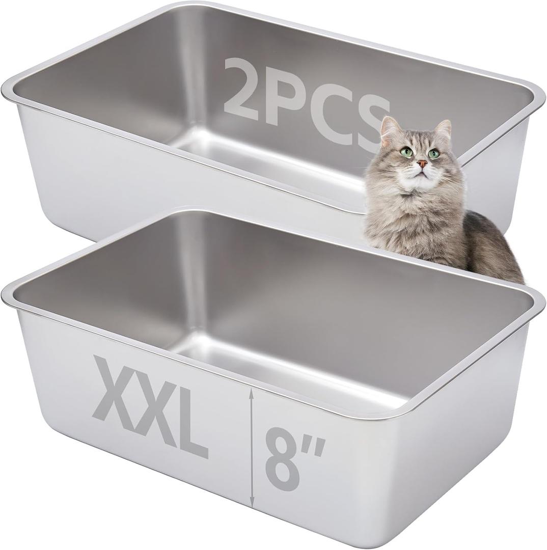 Stainless Steel Cat Litter Box 2 Pack,Metal Litter Box for Big Cats 8IN Deep, Metal Pet Toilet Easy to Clean,High Sided Litters Pan for Adult Cats,Non Stick, No Smell