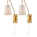Modern Brass Plug-in Wall Sconces Set of Two Fabric Shade Bedroom Wall Lamp with Pull Chain Switch