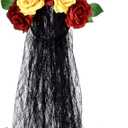 June Bloomy Day of the Dead Headpiece Rose Floral Crown Veil Halloween Costume Mexican Flower Headband (Red Yellow)