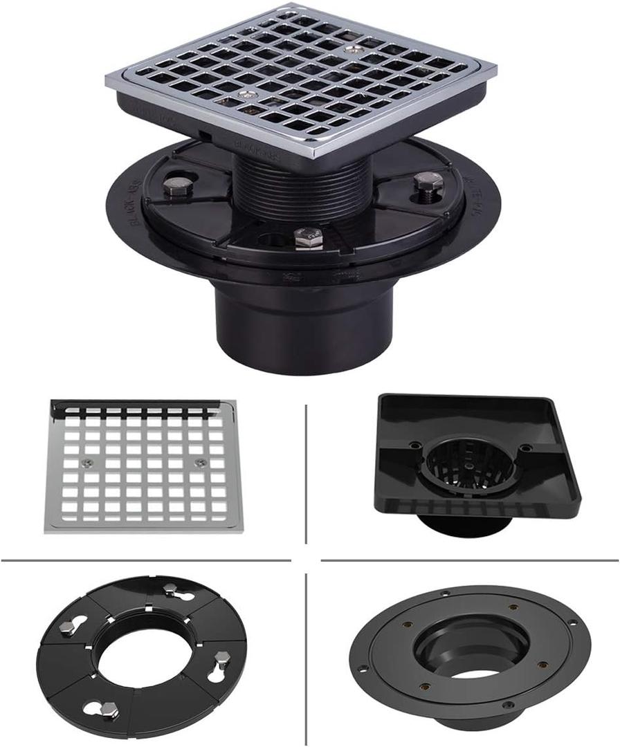 Uni-Green 4 1/2 Inch Square Shower Drain with Hair Carcher Fit 2" or 3" Pipe - Compatible with Kohler Drain System Shower Floor Drain Kit with ABS Flange - Polished Chrome Strainer for Bathroom