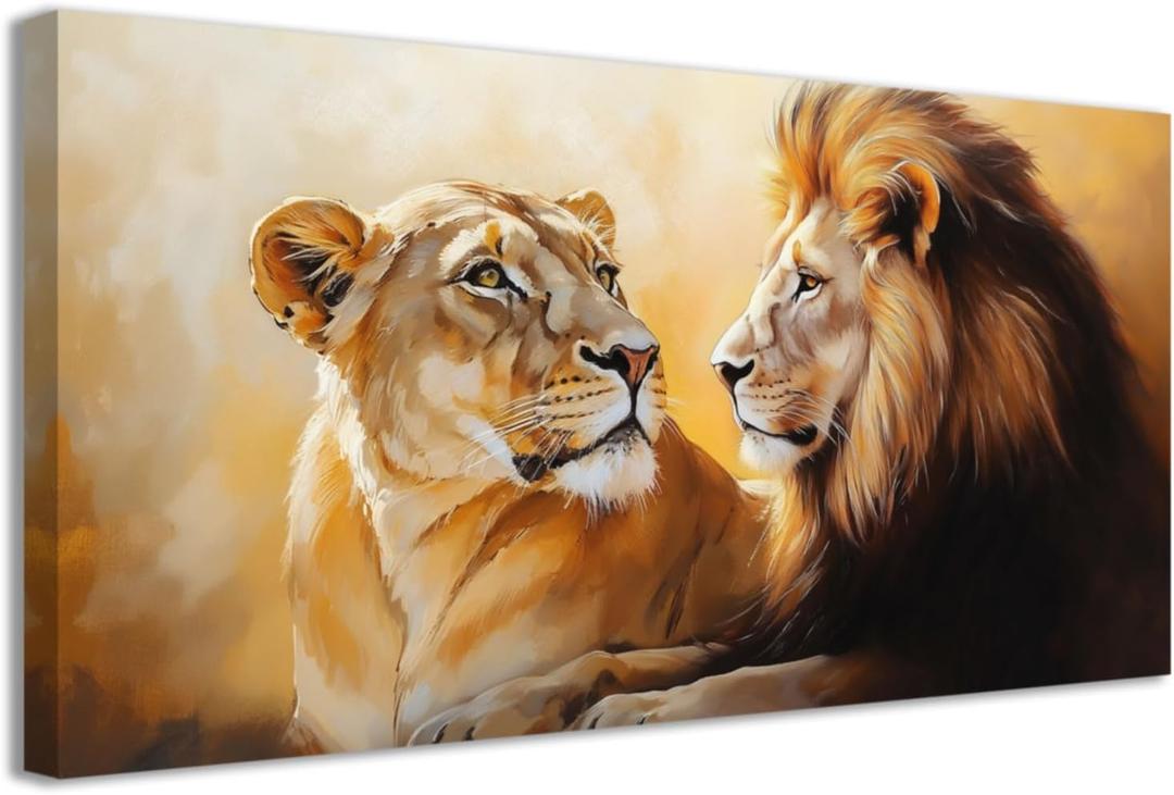 CCWACPP Lion and Lioness Wall Art Wild Animal Paintings Picture Lion Couple Canvas Prints for Office Bedroom Dining Room Living Room Home Decor Framed (12.00" x 24.00")