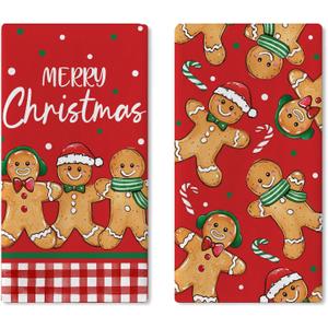 Merry Christmas Gingerbread Man Red Kitchen Dish Towels Set of 2, Xmas Candy Cane Buffalo Plaid Drying Hand Towel Baking Cooking Cloth, Winter Holiday Bathroom Home Decoration 18 x 26 Inches