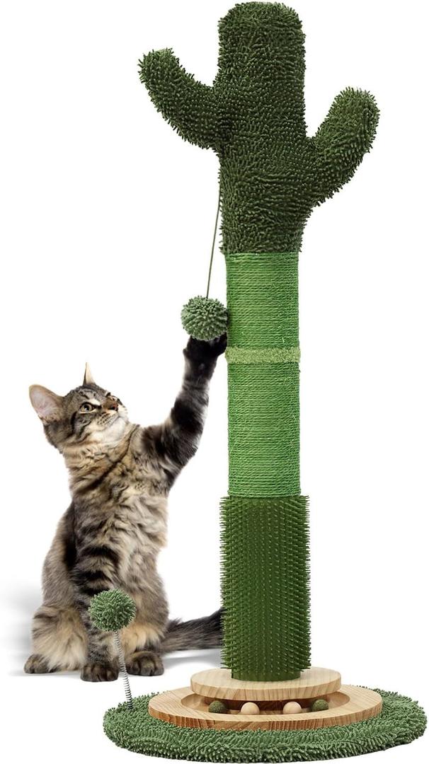 OTOB 36" Tall Cat Scratching Post, Natural Sisal Rope Cactus Cat Scratch Post, Vertical 6-in-1 Interactive Turntable Cat Scratcher Post with Soft Ball Toys, Protect Your Furniture for All Indoor Cats (Green)