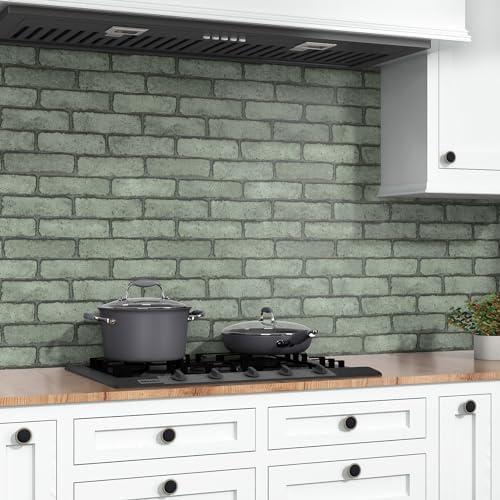 Wallercity Green/Gray Bricks Peel and Stick Wallpaper 24''x118'' Faux Brick Contact Paper for Kitchen Backsplash Self Adhesive Removable Wallpaper for Walls Vinyl Waterproof Wall Paper for Bathroom