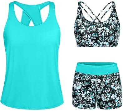 Tempt Me 3 Piece Tankini Swimsuits for Women Athletic Bathing Suits Swim Tank Top with Boy Shorts and Bra Modest Swimwear L