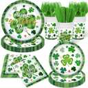 144Pcs St. Patricks Day Plates and Napkins Green Plaid Lucky Shamrock Disposable Paper Tableware Set for Irish Birthday St Patricks Day Decorations Serve 24 Guests