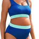 Maternity Two Piece Swimsuit High Waisted Strappy Bikini Set Bathing Suit (Blue, L)