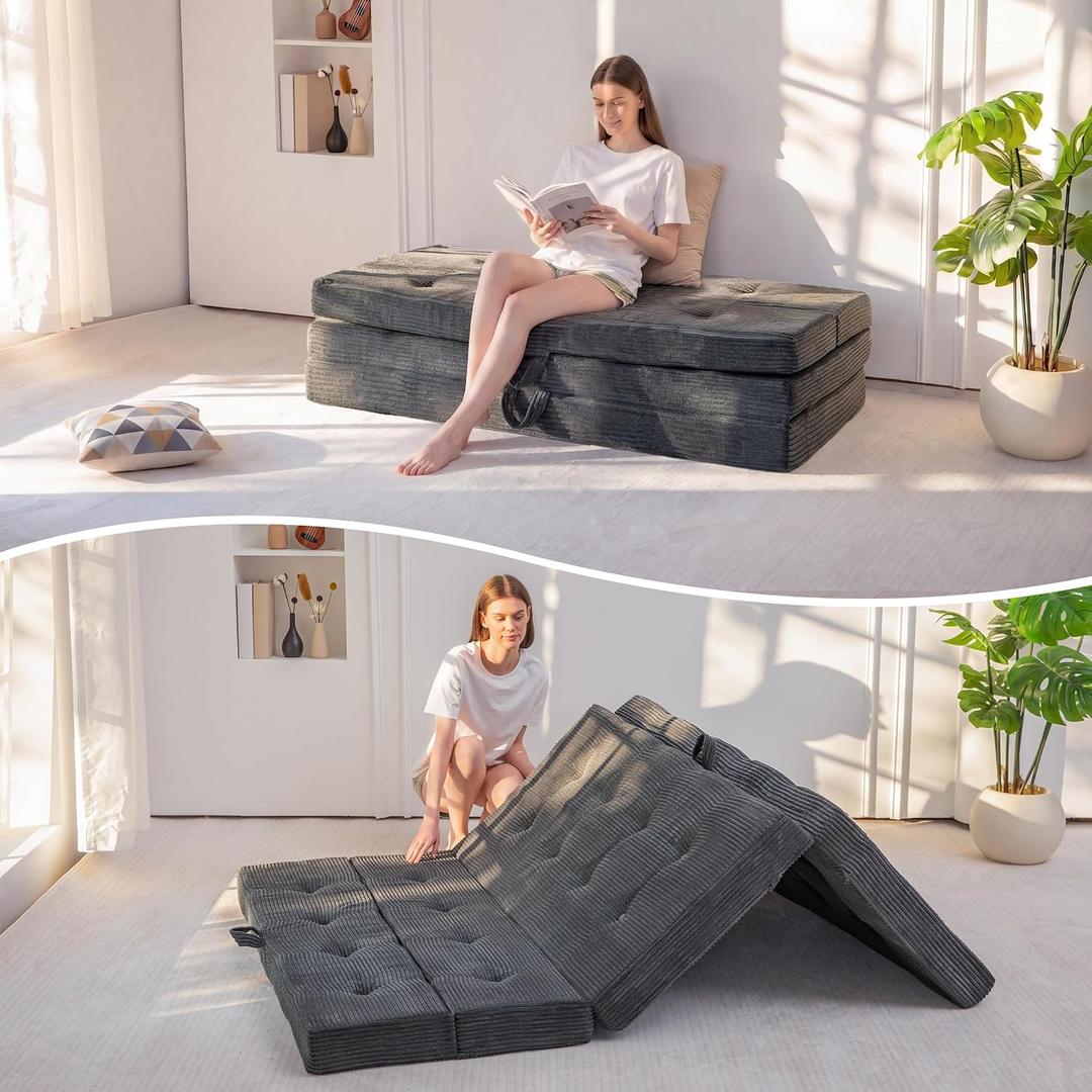 MAXYOYO Foldable Sofa Couch Bed, 4 Inch Tufted Folding Couch, Portable Floor Couch with Handles Guest Bed Topper Portable Camping Mat with Corded Fabric, Full Size, Dark Grey