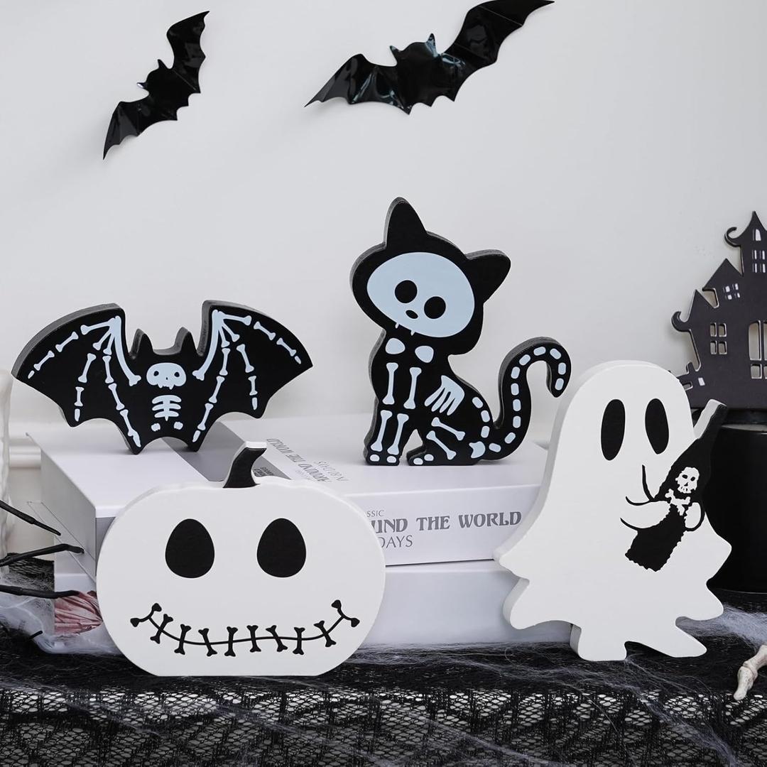 4PCS Halloween Decorations Indoor, Halloween Tiered Tray Decor Table Sign, Halloween Wooden Signs Ghost Bat Pumpkin Cat Blocks Signs, Table Decor Halloween Party Decorations for Mantle Home Shelf (Black and White-4Pcs)