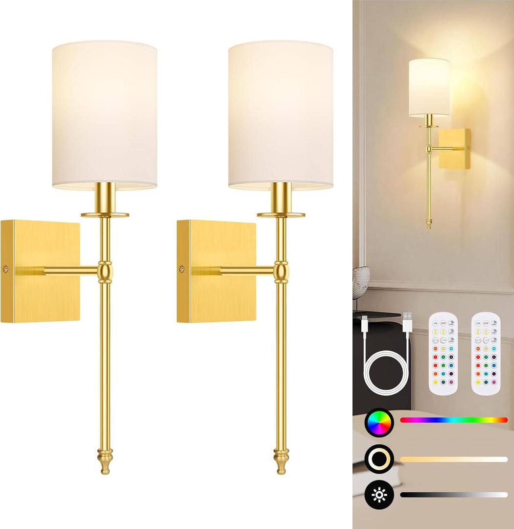 19.9 Inch Wall Sconces Battery Operated Set of 2, Gold Rechargeable Wireless Wall Sconces Lights with Remote, Not Hardwired Dimmable Wall Lamps with White Fabric Shade for Bedroom, 2 Bulbs Included