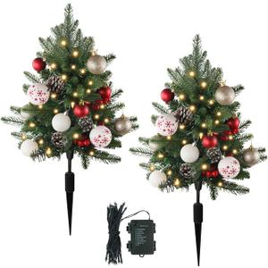 Sunnyglade 27" Set of 2 Artificial Outdoor Christmas Trees with 60 LED Lights, Faux Xmas Tree Decor with Ground Spike & 20 Ornaments, Lighted Fake Tree for Indoor Outdoor Christmas Decor