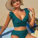 ZAFUL Women High Waisted Bikini Sets Two Piece Tie Back Ruffle Swimsuit Cross Cutout Ruched Bathing Suit 2025 Green,XL