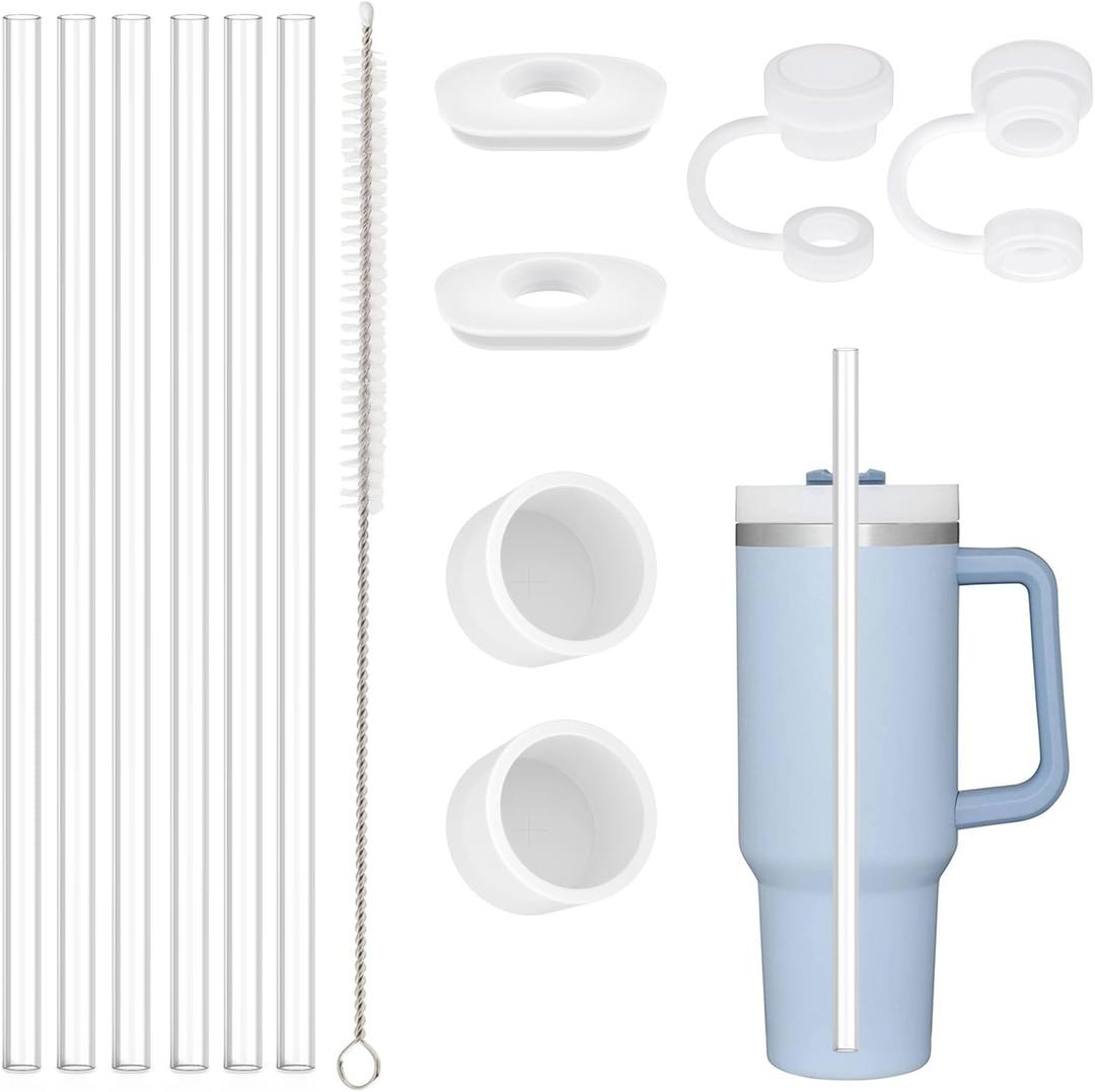 Replacement Straw Compatible with Stanley 40 oz 30 oz Tumbler, Accessories of 6 Straw Replacement with Cleaning Brush, 4 Color Leak Sproof Plug, 2 Silicone Cover Cap for Stanley