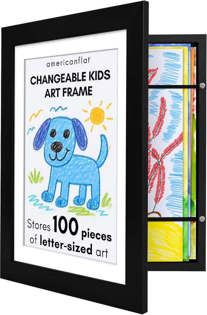 Americanflat Kids Artwork Frame Changeable (Black) - Magnetic Door Holds 100 Art Pieces - 8.5x11 Letter Size Display with Mat or 10x12.5 Without Mat - My Mini Masterpiece