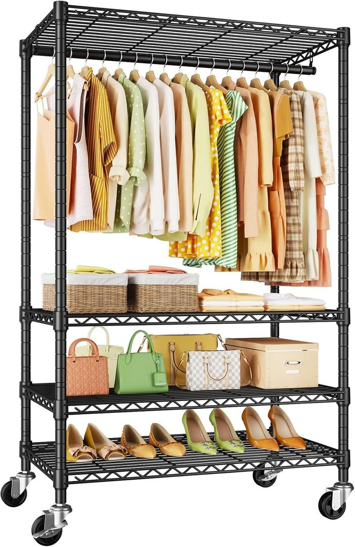P9 Rolling Clothes Rack Heavy Duty, Clothing Racks for Hanging Clothes, 4 Tiers Garment Rack with Wheels, Metal Portable Closet Rack, 35.5" L X 15.8" W X 80.5" H, Max Load 445 LBS, Black