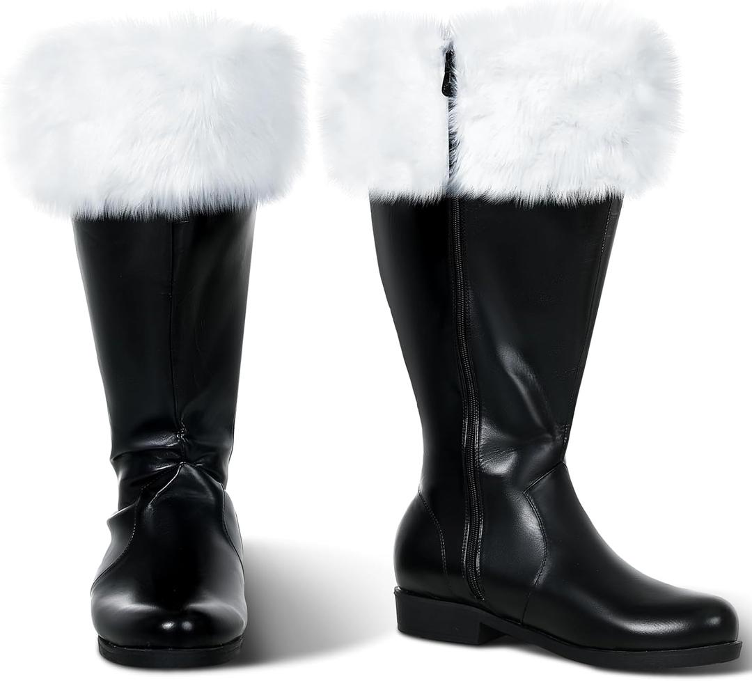 Liitrsh Christmas Santa Claus Boots Men's Wide Calf Santa Combat Boots with White Plush Cuffs Foot Bells Buckle Strap for Halloween Christmas Costume (12-13, Black)