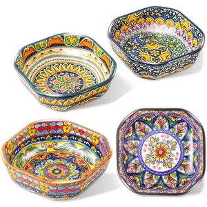 Boho 8 Oz Dipping Sauce Bowls, 4.3 Inches Ceramic Soy Sauce Dish, Bohemian Small Plates 4 Inch,Square Side Dishes, Small Appetizer Plates Set of 4, Colorful Dip Bowl, Microwave, Dishwasher, Oven Safe