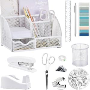 White Office Desk Accessories Supplies, 12pcs Desk Organizers and Accessories with Tape dispenser and Stapler,Staples,Staple Remover,Pen Holder,Scissor,Ruler,Sticky Tabs,Tape,Ballpoint Pen,Clips Set