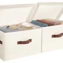 StorageWorks Fabric Storage Bins with Lid, Decorative Storage Boxes for Shelves, Stackable Closet Organizer Basket with Handles, Large, Ivory White, 2-Pack