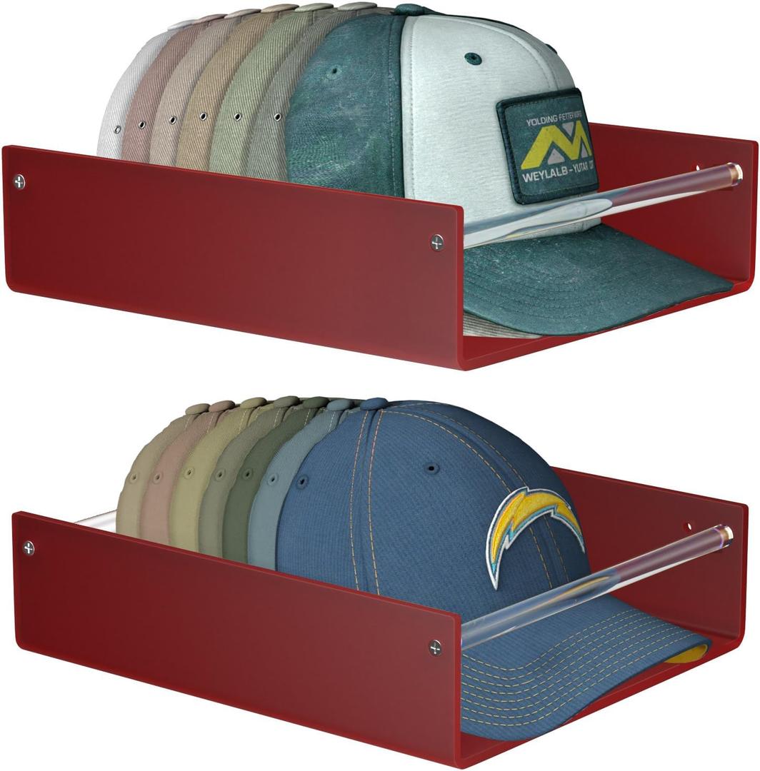 FEMELI 2 Packs Hat Organizer for Baseball, Each Acrylic Hat Racks Organizer Fit 10 Caps, Sturdy Wall Mount Holder for Men Baseball Cap Storage (Brown)