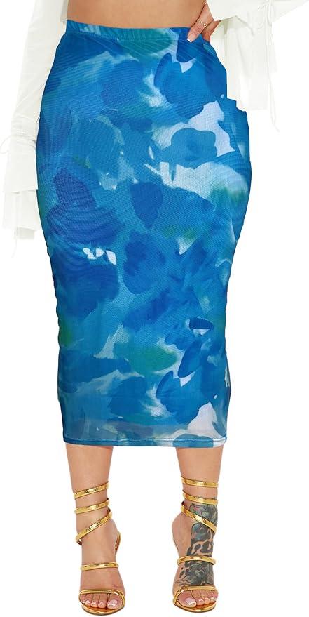 Women's Floral Print Mesh Long Skirt High Waisted Bodycon Pencil Maxi Skirts (Medium)