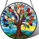 Stained Glass Window Hanging, Colorful Tree of Life Suncatcher for Door Home Decor, Glass Panel Sunrise Sun Catcher Ornament Mother's Day Birthday Gifts for Women Men Mom 7.8 in
