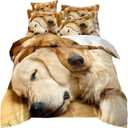 King Duvet Cover Set 3pcs Sleeping Dogs Pattern Duvet Covers Soft Breathable Duvet Cover with 2 Pillowcases for Animal Lovers (Brown)