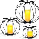 Halloween Light Up Pumpkin Lantern, 3 Pcs Metal Black Pumpkin Candle Holders with Timer Flickering Yellow LED Candle Lights for Thanksgiving Halloween Harvest Fall Home Decor