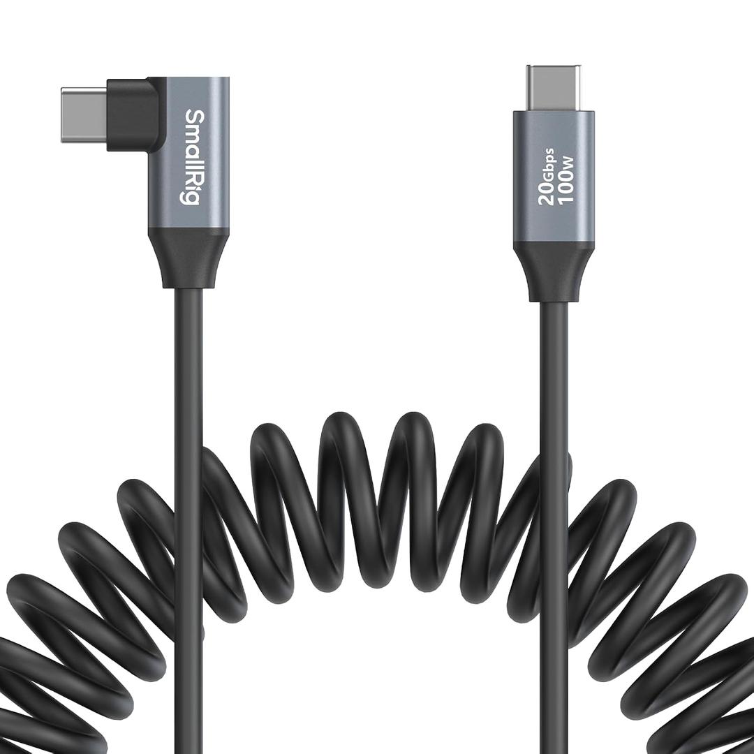 SMALLRIG USB C to USB C Coiled Data Cable (Straight to Angled), 90 Degree USB C Cable 20Gbps High Speed Data Transfer, Support PD 100W Fast Charging, for iPhone, Laptops and Cameras etc. - 4792