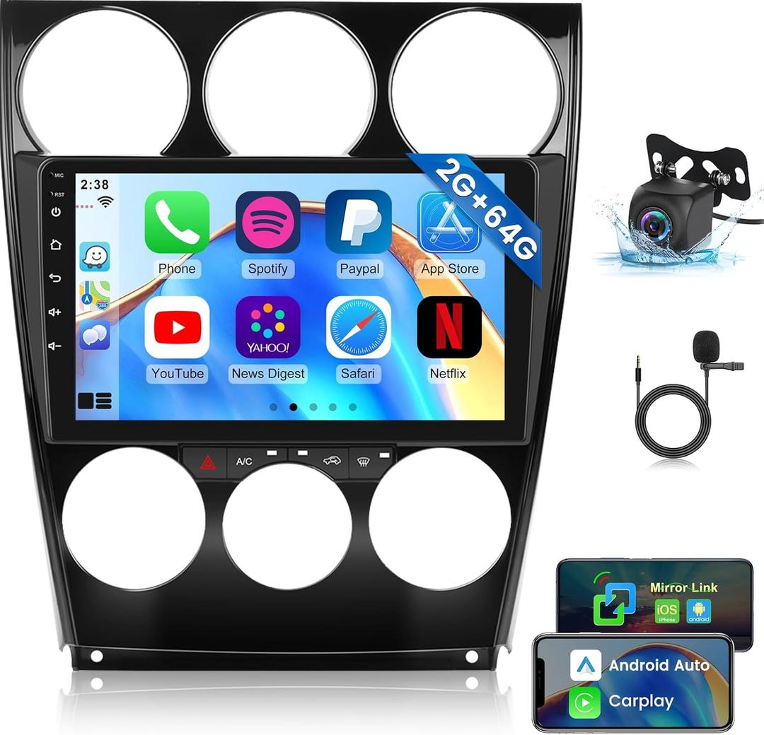[2G+64G] Car Radio for Mazda 6 2004-2015, Android 13 Touch Screen Car Play Mazda 6 Stereo, Carplay/Android Auto/EQ Audio/SWC/Bluetooth + AHD Backup Camera
