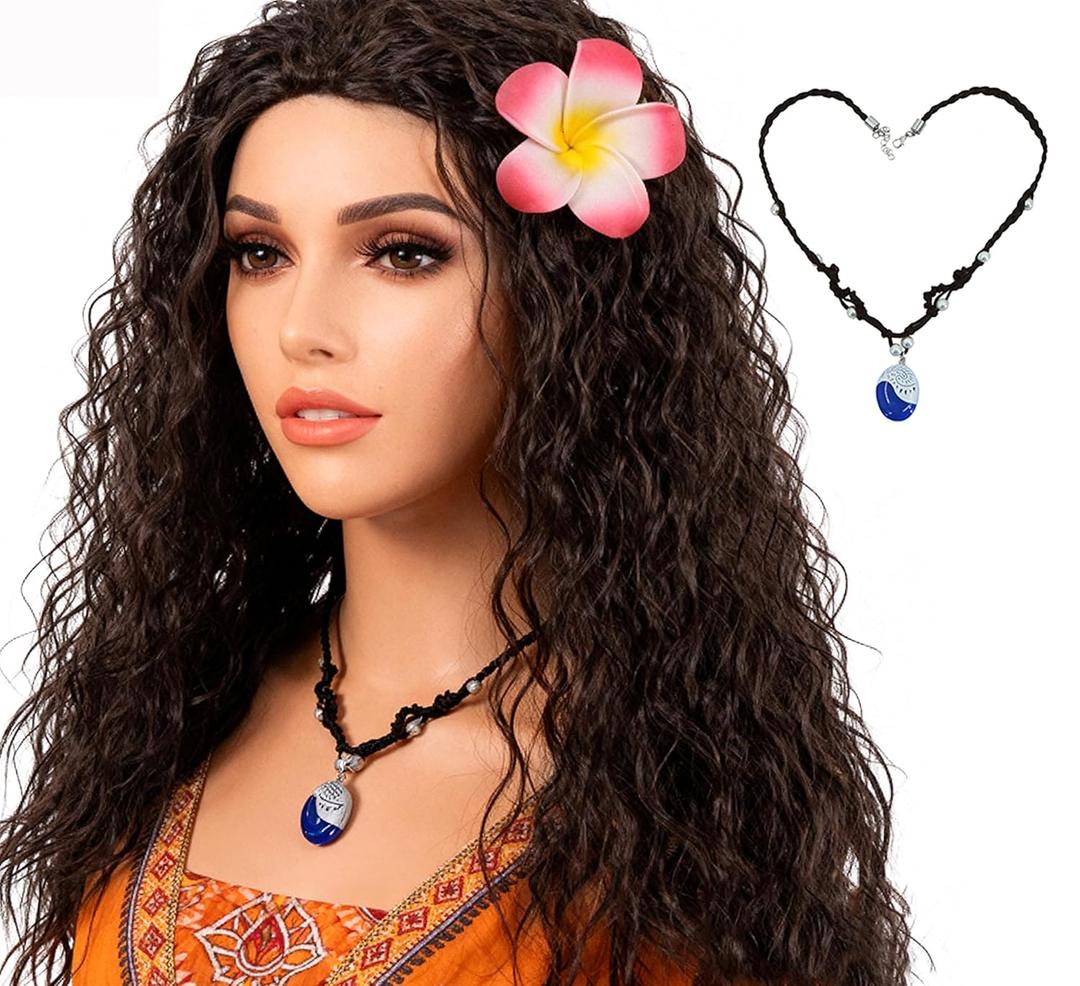 Women Adventure Princess Wigs for Halloween Long Dark Brown Curly Wig with Plumeria Flower Necklace Party Wigs (one size, Type 1)