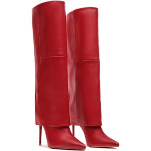 Femflame Fold Over Knee High Boots - Wide Calf, Pointed Toe Stiletto Heel, Tall Boots (7, 1red)
