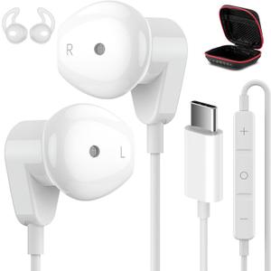 USB C Headphones for iPad Pro iPhone 16 15 Pro HiFi Stereo USB-C Wired Earbuds with Microphone Volume Control Type C Earphones for Samsung S24 S23 Ultra S22 S21 Note20, Pixel 9 8 7 6 6a 5, OnePlus9 (White)