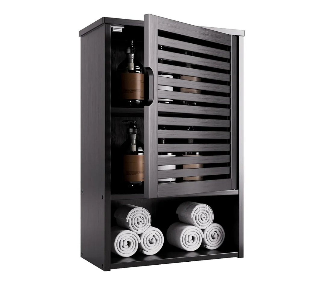 HITNET Bathroom Storage Cabinet Wall Mounted, Hanging Medicine Cabinet with Adjustable Shelf, Over The Toilet Space Saver Organizer, Black Bamboo Kitchen Cupboard, Single Door