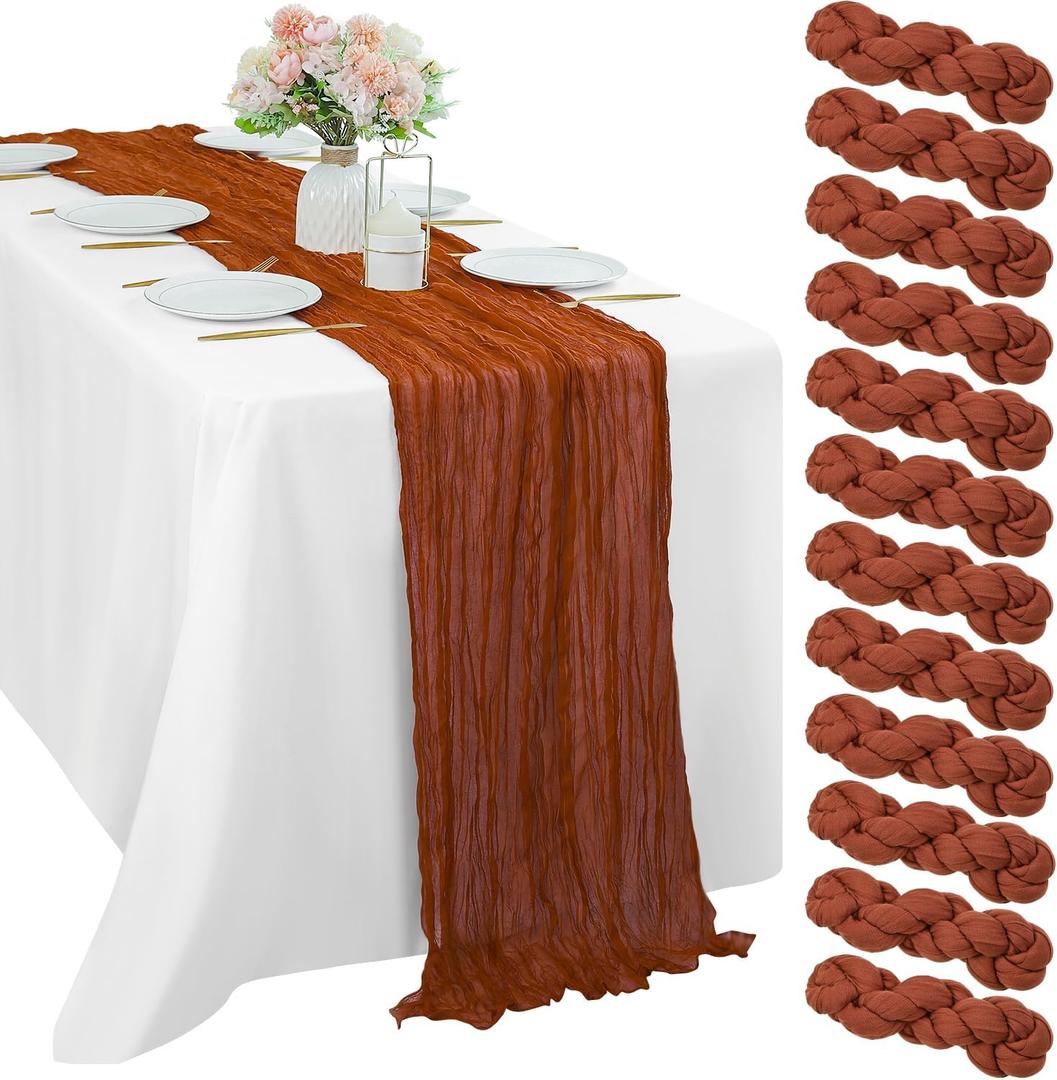 12 Pcs Cheesecloth Table Runner 10FT Terracotta Runner for Tables Gauze Fabric 35 x 120 Inches Long Boho Table Runner Decor Rustic Sheer Runner for Wedding Birthday Bridal Shower Party (Terracotta)