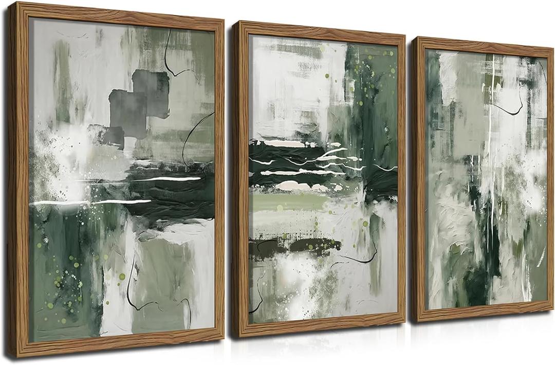 Sage Green Abstract Wall Art Set of 3, Modern Abstract Canvas Wall Decor Paintings, Green Neutral Minimalist Posters Prints Pictures for Living Room Bedroom Office Home Decor 12x16 Inch Wood Framed