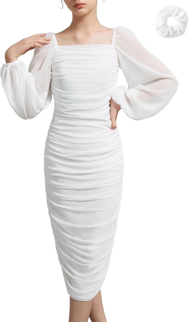 EXARUS Girls Bodycon Ruched Dress Teen Graduation Wedding Dance Party Chiffon Lantern Sleeve Maxi Formal Dresses (12 Years, White)