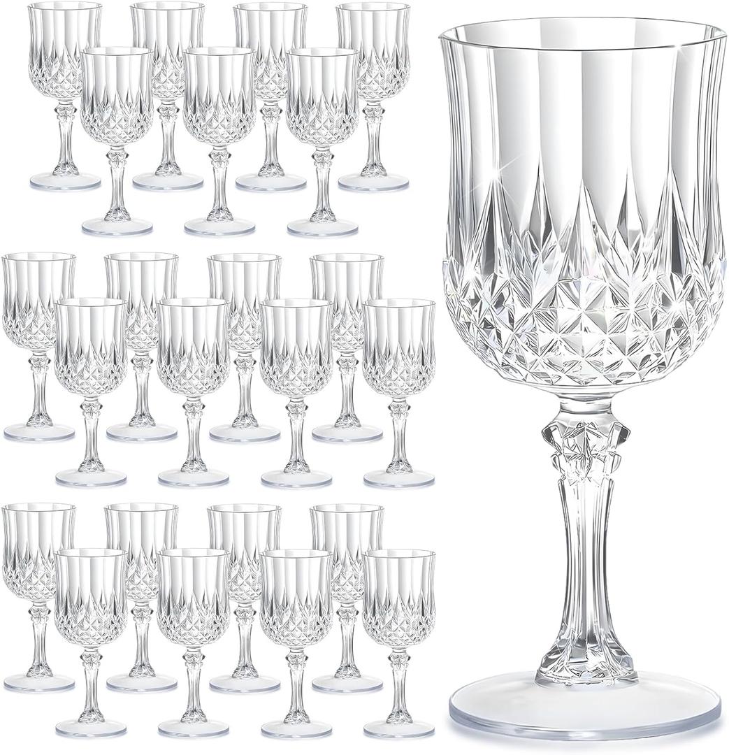 24PCS 7OZ Transparent Plastic Glasses, Drinking Champagne Glasses Flutes Crystal Vintage Water Unbreakable Goblets for Valentines Day, Wedding, Parties