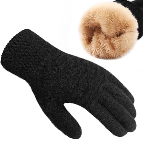 Trifabricy Winter Gloves for Women, Warm Thick Wool Fleece Lined Womens Gloves, Thermal Cable Knit Glove for Women, Elastic Cuff Insulated Touchscreen Glove for Cold Weather, Black