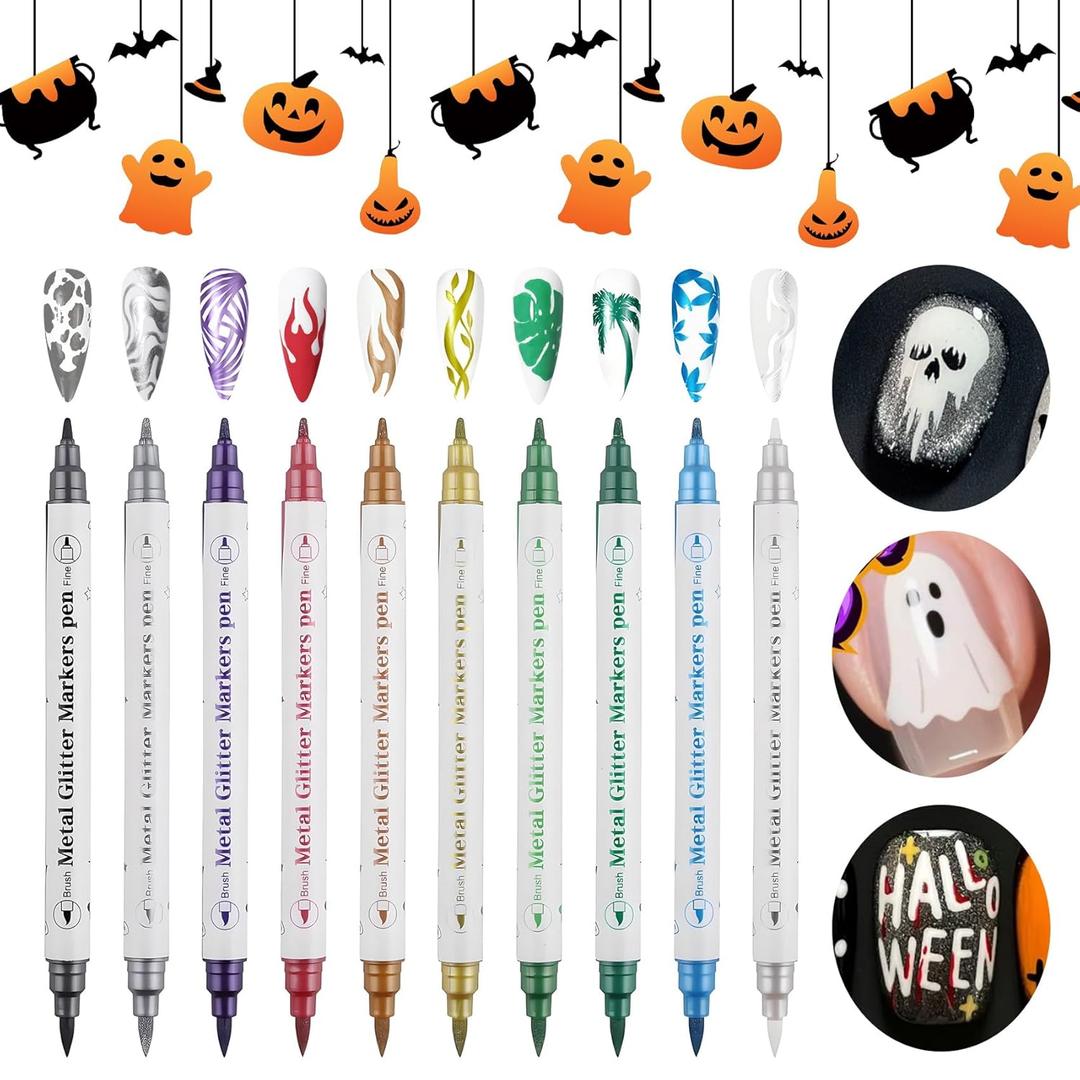 10 Colors Metallic Nail Art Pens Dual Tip  Quick Dry Nail Design Pens with Brush & Fine Tip for DIY Nail Art on Natural, Gel, Acrylic Nails