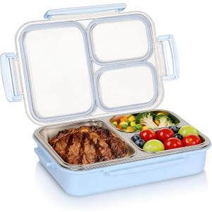 Stainless Steel Bento Box, 3 Compartments Leakproof Stainless Steel Snack Containers, 25 oz Premium 304 Metal Lunch Box for Adults, BPA-Free, Dishwasher Safe (Blue)