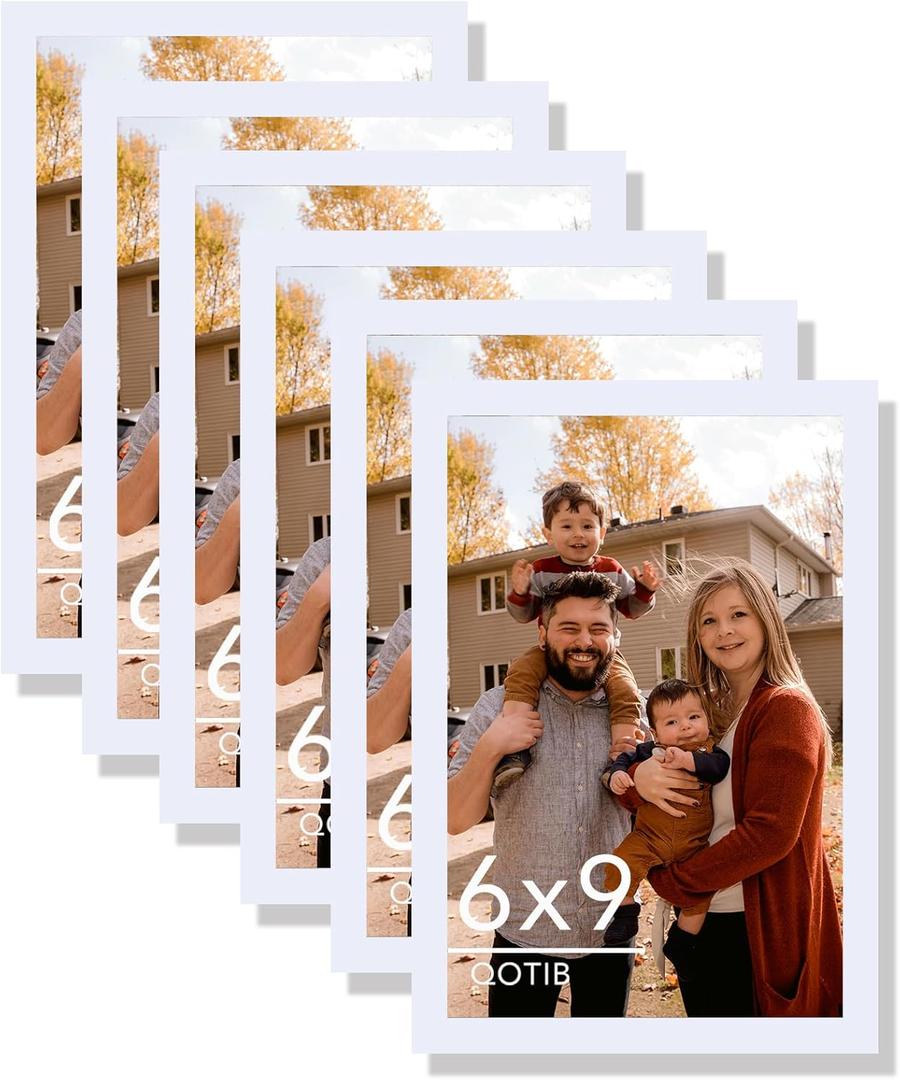 6 Packs 6x9 Picture Frame White, Engineered Wood 6 x 9 Photo Frame, 6 by 9 Photo Poster Frame for Wall Hanging and Tabletop Set of 6, White